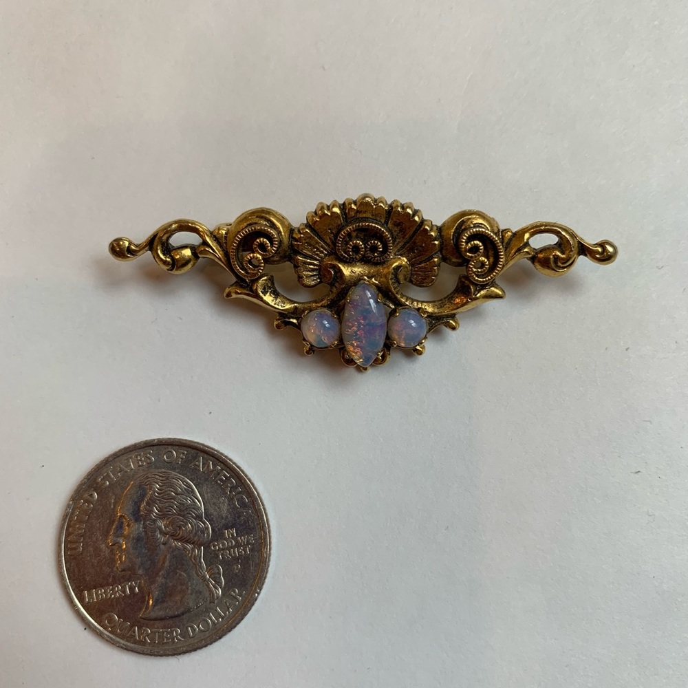 Gold Tone Faux Opal Vintage Bar Brooch Scrolls Victorian Baroque Style